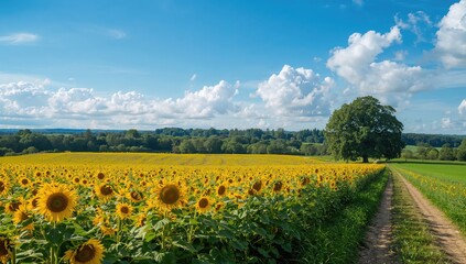 Warm summer scene with blooming sunflower blossoms, ideal for editorial backgrounds