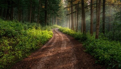 Obraz premium Muddy and damp trail winding through the woods, erosion risk
