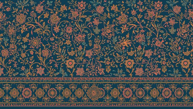 Mughal floral border pattern featuring intricate digital flower and leaf designs, suitable for textile applications