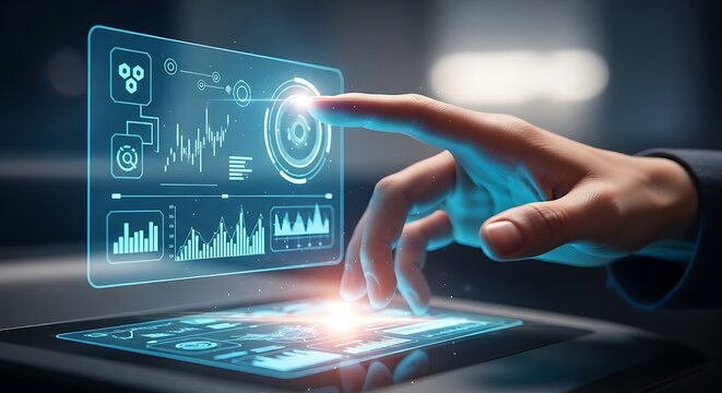 Business data visualization on digital screen modern hud interface with hand touching virtual display for analysis and monitoring