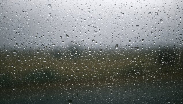 Raindrops on a windowpane with a soft-focus backdrop, creating a serene atmosphere