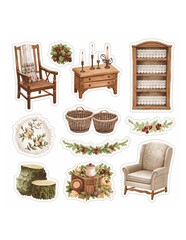 Collection of rustic wooden furniture wicker baskets and cozy holiday botanical elements