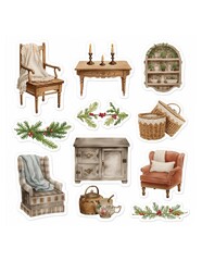 Collection of rustic wooden furniture cozy textiles candlelight and winter berry foliage stickers