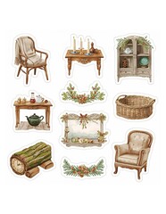 Collection of vintage watercolor style home decor and rustic elements stickers