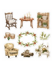 Watercolor set of cozy rustic home decor elements including chairs tables candles and greenery