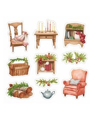Assortment of cozy rustic and winter holiday watercolor illustrations of furniture and decorative elements