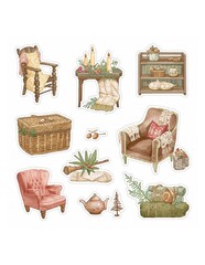 Cozy interior and rustic outdoor elements collection featuring armchairs candles and wicker baskets