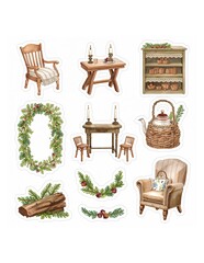 Collection of rustic wooden furniture natural wreaths and woven items on a white background