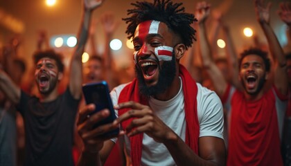 Excited Black man watches sports game on phone. Fans cheer wildly, painted faces, wearing team colors. Winning goal causes elation and celebration amongst friends.