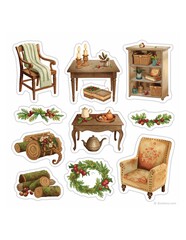 Collection of rustic wooden furniture festive holiday greenery stacked firewood and seasonal decor items