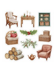 Assortment of rustic home decor elements including wicker furniture wooden table candles and festive foliage stickers