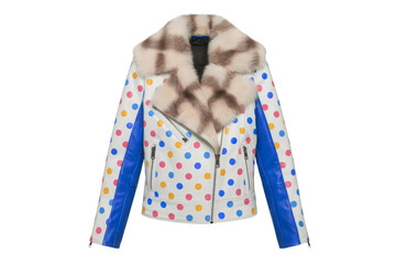 Stylish colorful patterned leather jacket with fur collar isolated on transparent background