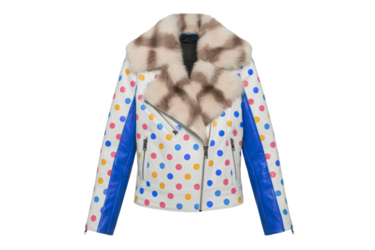 Stylish colorful patterned leather jacket with fur collar isolated on transparent background