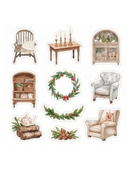 Assorted watercolor style stickers featuring cozy holiday home decor elements and furniture