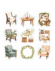 Cozy autumn and winter home decor stickers featuring armchairs wooden table candles and natural wreaths