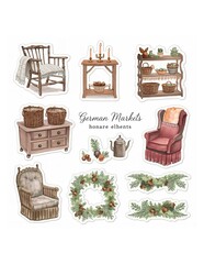 Watercolor style vintage furniture and holiday decor stickers featuring chairs baskets and wreaths