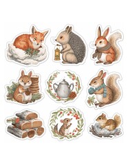 Watercolor woodland animal stickers featuring a fox squirrels hedgehog and winter elements