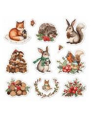 Watercolor winter woodland animal stickers featuring fox rabbit hedgehog squirrel and robin