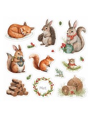 Watercolor woodland animals stickers showing sleeping fox squirrels rabbits and winter forest elements