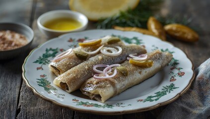 Rollmops - herring fillets with onion and gherkin, rich in omega-3 fatty acids