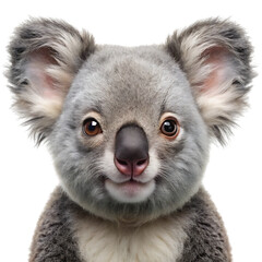 Closeup portrait of a cute koala bear with fluffy ears and dark eyes, isolated on transparent background