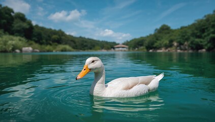 Obraz premium Swimming duck in a vibrant green lake, showcasing a serene natural habitat