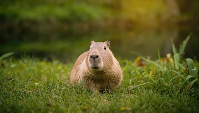 Capybara resting in a lush green meadow, highlighting the tranquility of nature