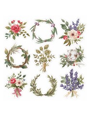 Watercolor botanical floral wreath and bouquet sticker set featuring roses and lavender