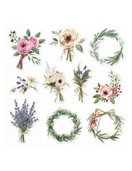 Assorted watercolor floral bouquets wreaths and botanical sticker elements on a white background