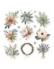Watercolor botanical stickers featuring assorted floral arrangements evergreen sprigs and a rustic wreath