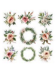 Watercolor floral bouquets and empty green wreaths with ribbon accents on white background
