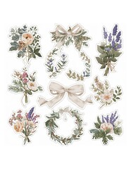 Collection of vintage watercolor style floral bouquets wreaths and decorative bows on white background