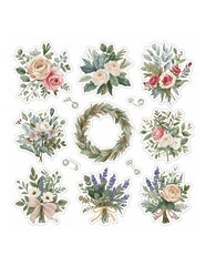 Watercolor floral stickers featuring roses lavender bouquets and a greenery wreath on a white background