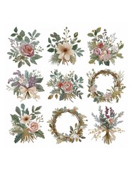 Watercolor style floral arrangements and wreaths with muted roses and greenery on white background