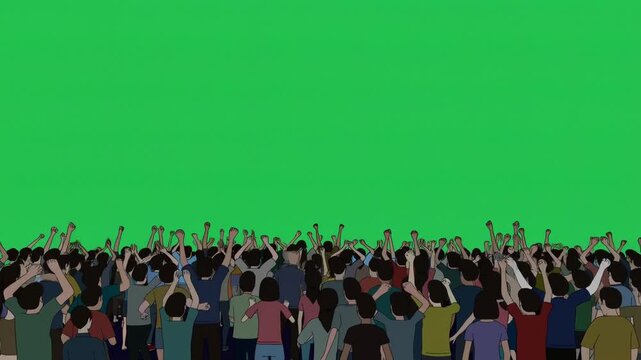A Vibrant Crowd Celebrates Against a Green Screen Backdrop, Energetically Raising Their Hands in Unity and Excitement in Two Dynamic Frames.. Green screen video.