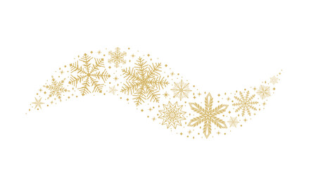 Snowflake border in wave shape vector illustration. Christmas winter pattern with golden snowflakes, stars, dots. Isolated on white background