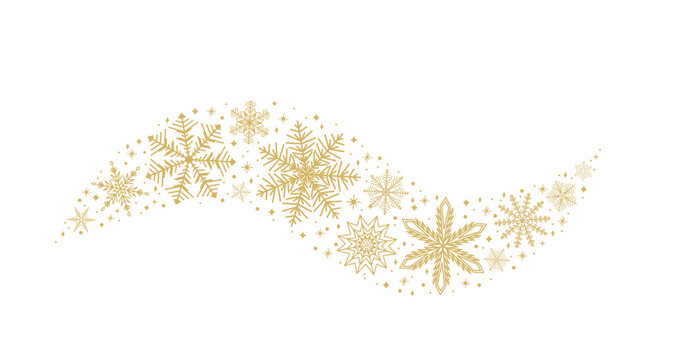 Snowflake border in wave shape vector illustration. Christmas winter pattern with golden snowflakes, stars, dots. Isolated on white background