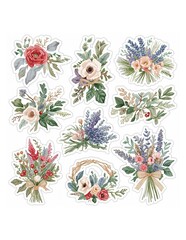 Nine watercolor floral sticker illustrations featuring roses lavender berries and green foliage elements