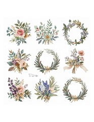 Watercolor floral bouquets and wreaths featuring roses berries and assorted green foliage elements