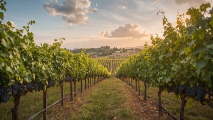 Naklejka premium Grape fruit vineyard ready for harvest, beneficial for wine production
