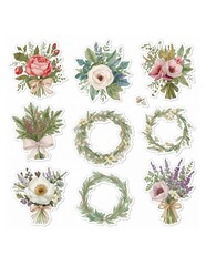 Watercolor floral bouquets and circular wreaths with ribbon ties isolated on white background