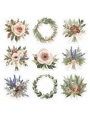 Watercolor floral stickers featuring roses lavender wreaths and holiday foliage on a white background