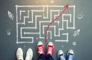 Feet stand before chalk maze on floor. Red arrow shows quick path. Rockets and lightbulbs drawn on board represent ideas and progress. Find solution.