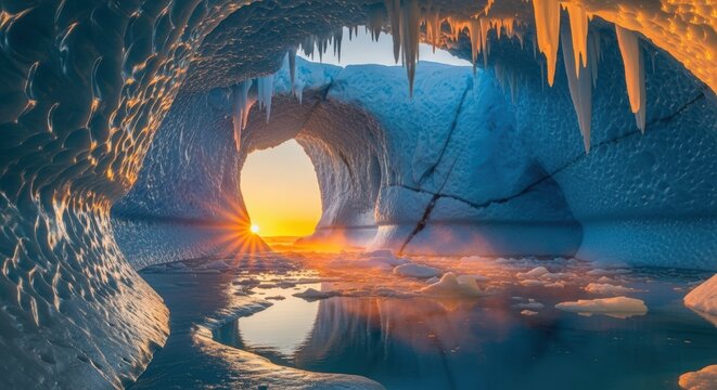 Sunrise illuminates a breathtaking ice cave with icicles and reflections on calm water.