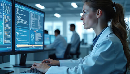 Woman in lab coat works on computer in tech lab. Colleagues nearby also use computers. Screens show code and data. Advanced science research facility.