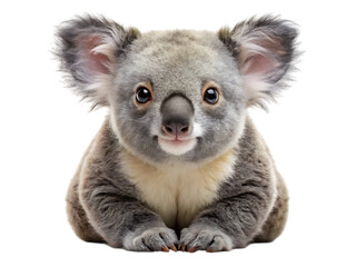 Obraz premium A cute baby koala lying down, isolated on transparent background, with its fluffy ears and big dark eyes looking directly at the camera, showcasing its adorable and innocent expression