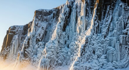 Majestic icy formations cascade down a rugged, snow-covered cliff face under a clear sky.