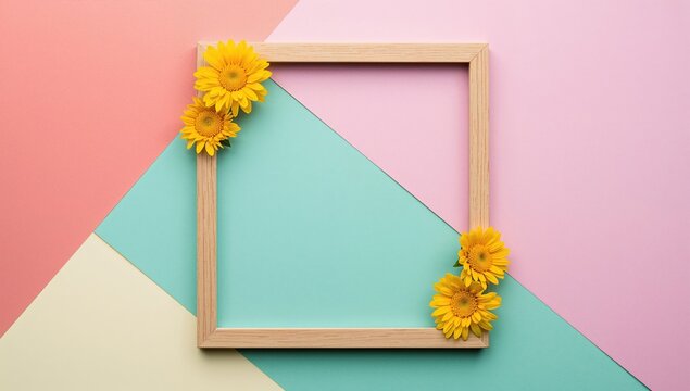 Wooden frame adorned with yellow flowers against a vibrant geometric paper backdrop, ideal for a greeting card design
