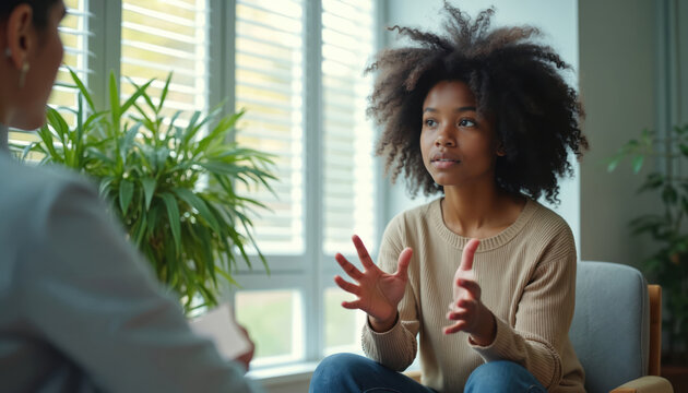 Teen girl talks with psychologist in office. Patient discusses feelings and problems, seeking guidance and support during therapy session. Mental health support.