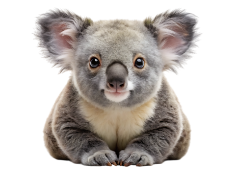 A cute baby koala lying down, isolated on transparent background, with its fluffy ears and big dark eyes looking directly at the camera, showcasing its adorable and innocent expression